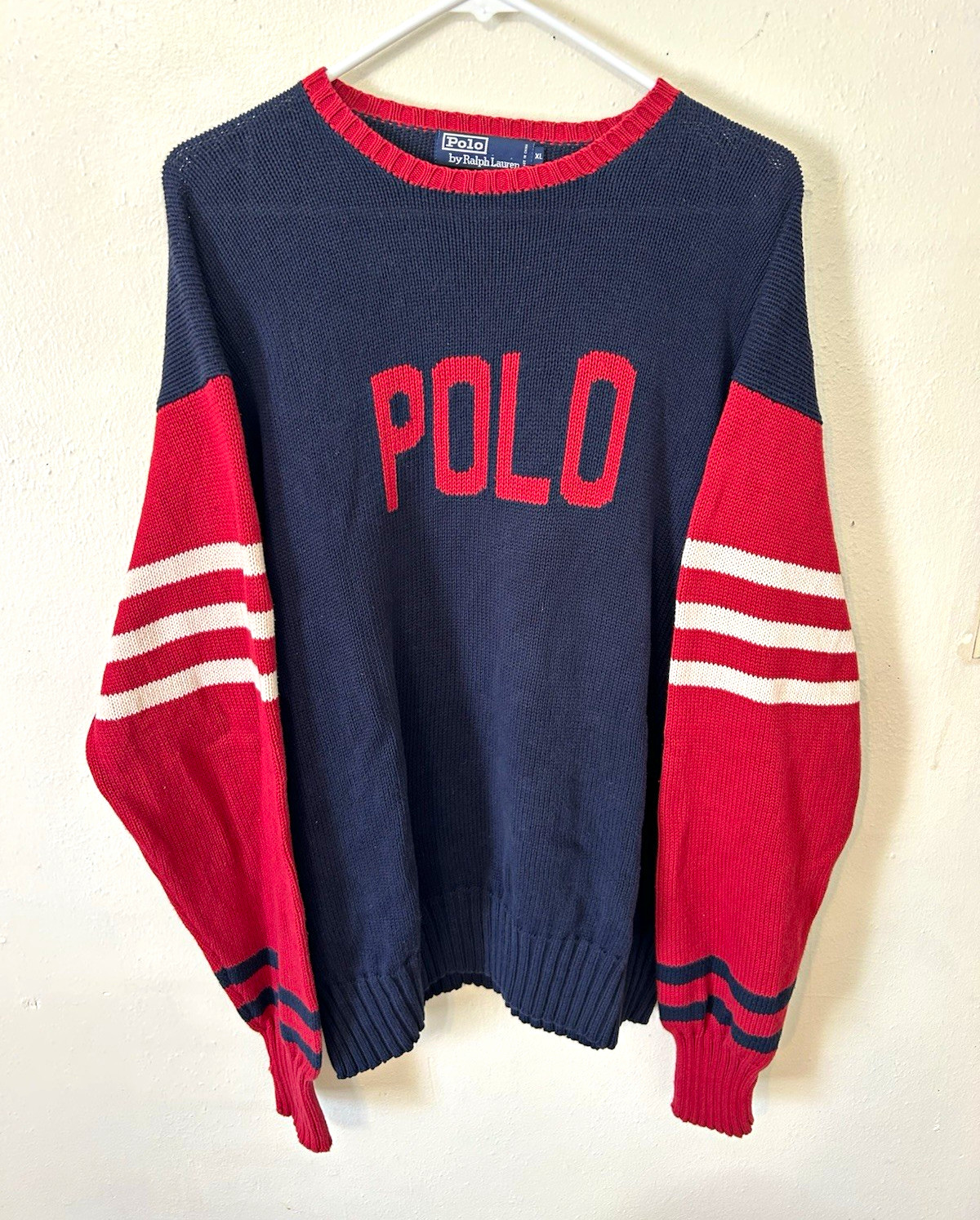 Vintage 1992 Polo Ralph Lauren Men\'s XL Cotton Knit Sweater With Polo Spellout Vintage 1992 Polo Ralph Lauren Men\'s XL Cotton Knit Sweater With Polo Spellout