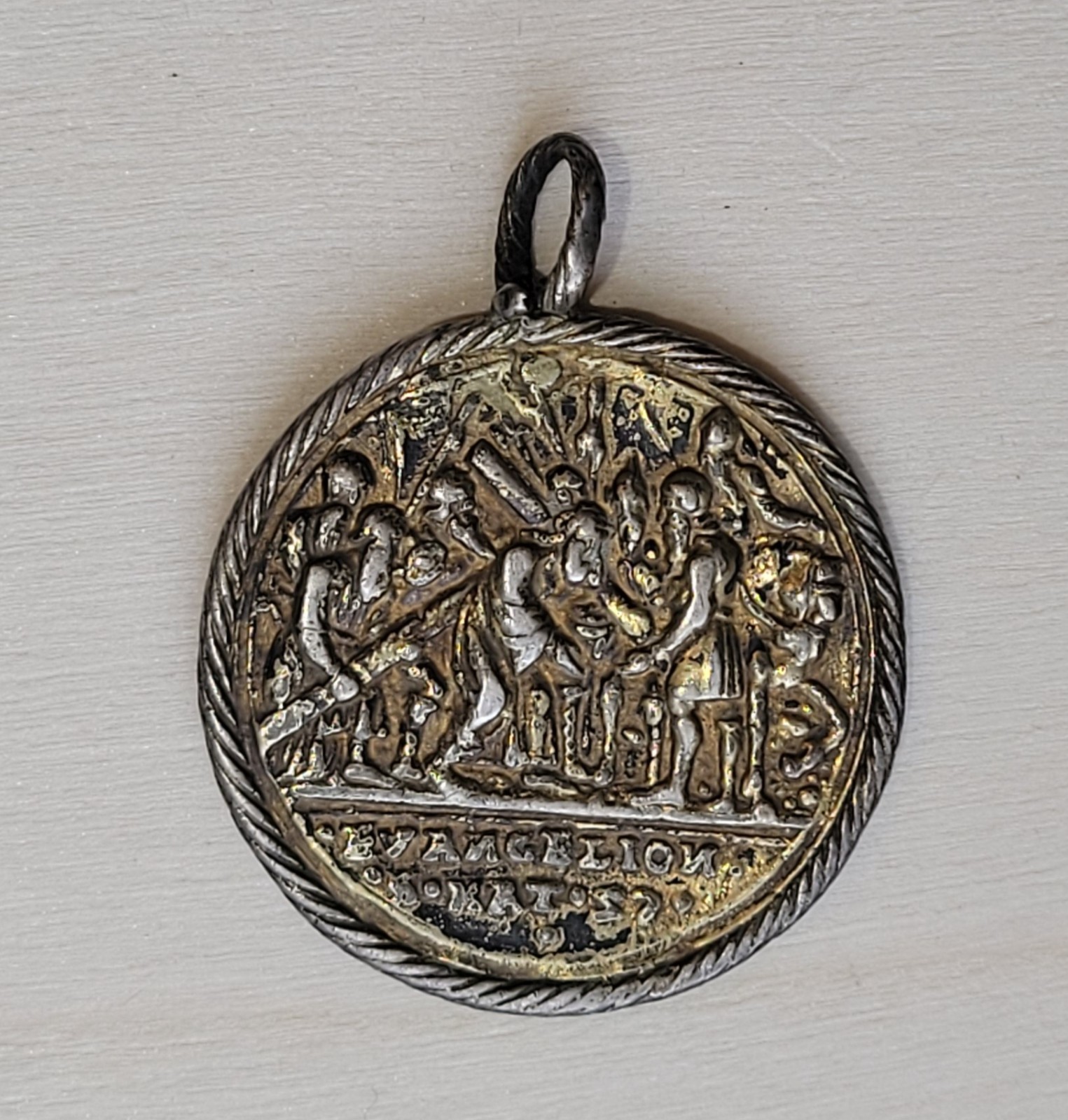 Antique Gold Plated Evangelion And Abram Begat Isaac Religious Medal Pendant