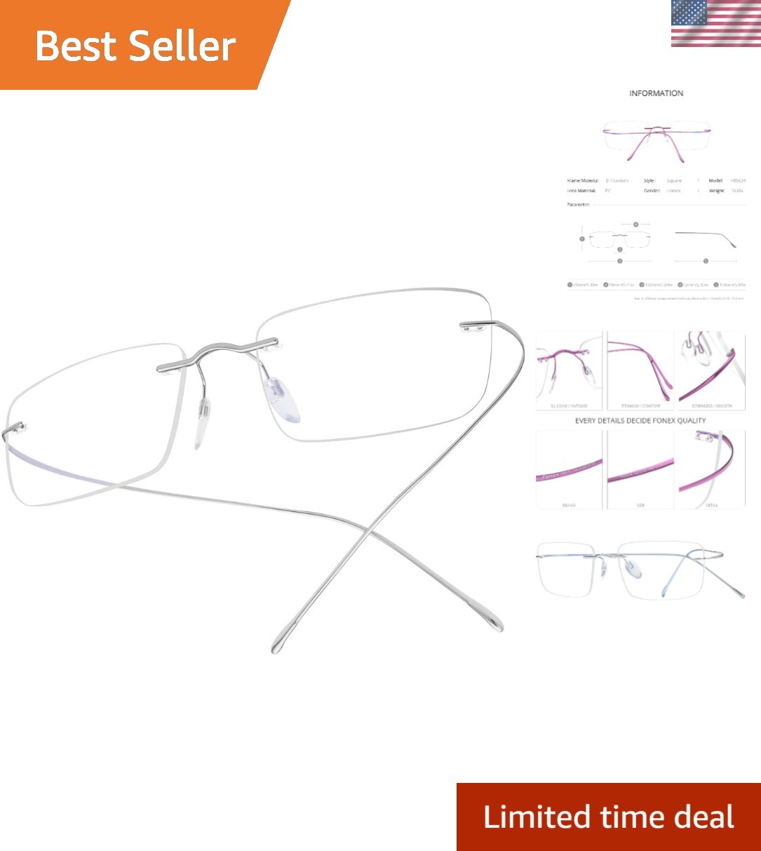 Square Rimless Titanium Eyeglasses with Clear Plastic Lenses - Durable & Stylish