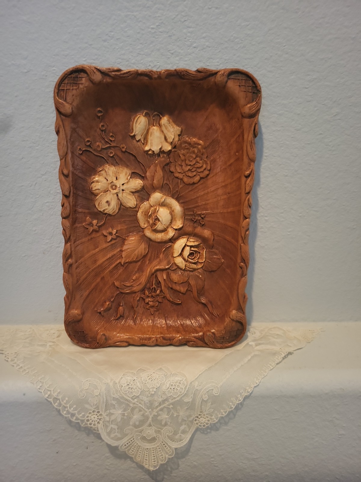1944 Vintage Brown Floral Resin Faux Wood Tray Platter Dish Read 11.25 In x 8in