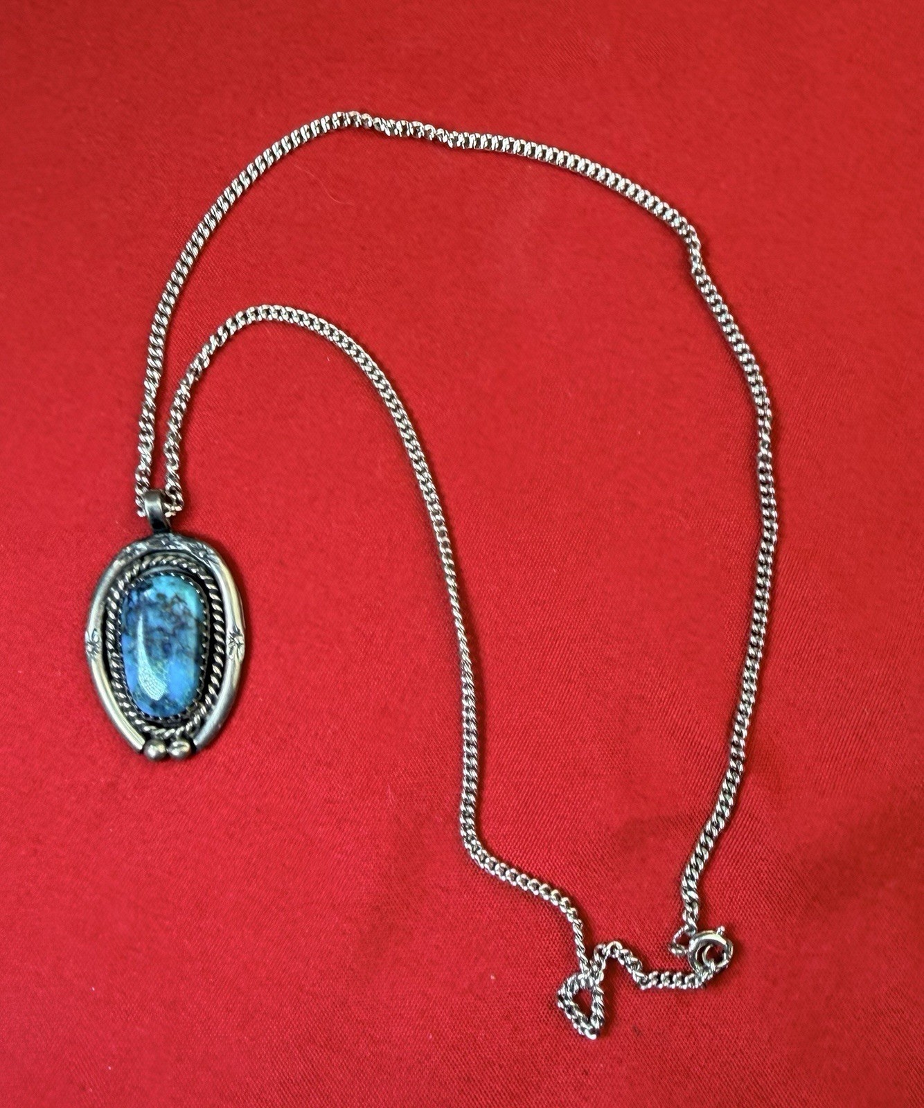 Vtg Navajo Old Pawn Sterling Silver Turquoise Pendant Necklace 16” Chain 1.5”