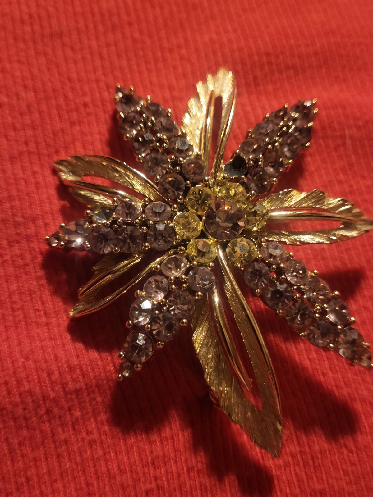 Vintage Signed Lisner Purple Yellow Rhinestone Floral Spray Brooch Pin Vintage Signed Lisner Purple Yellow Rhinestone Floral Spray Brooch Pin