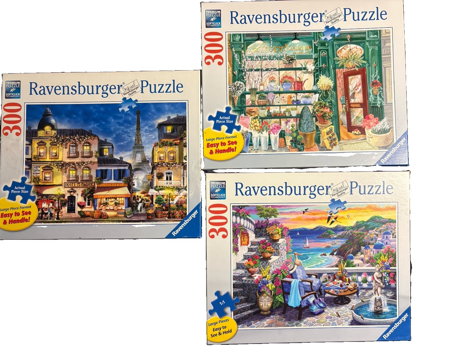 Ravensburger 300 Piece Puzzle Lot of 3 Lg Pc Pretty Paris Flower Shop Santorini