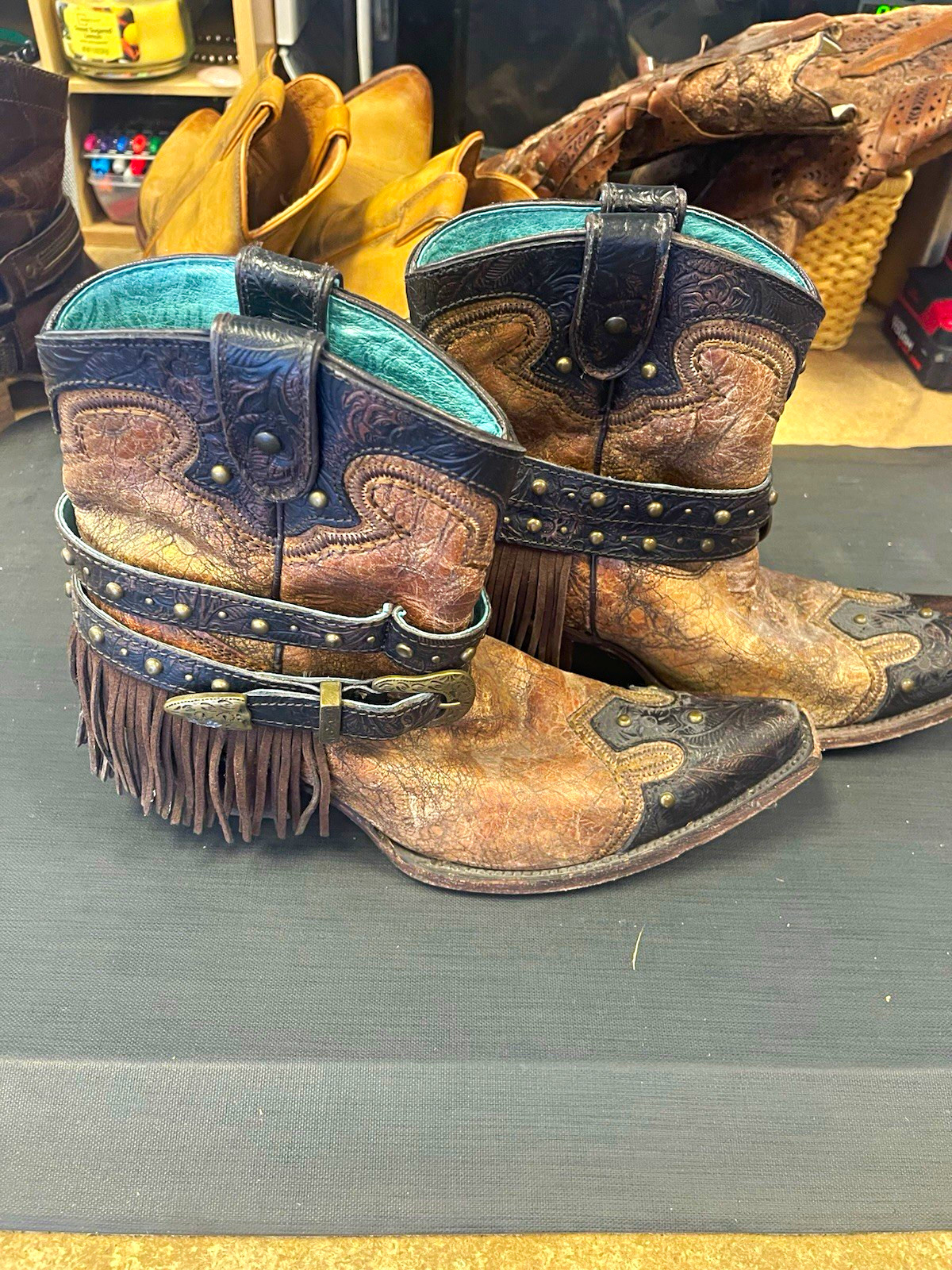 Brown Western Cowboy Boots Lot of 3 Pairs Pointed Toe Harness Studs Fringe Brown Western Cowboy Boots Lot of 3 Pairs Pointed Toe Harness Studs Fringe