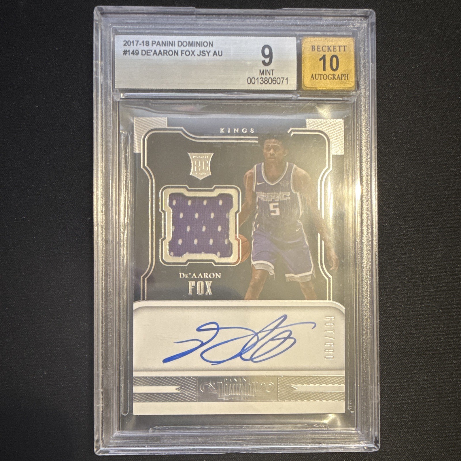 Panini Dominion 2017-18 De'Aaron Fox RC RPA Signed Jersey Auto 10 BGS 9 /199 Panini Dominion 2017-18 De'Aaron Fox RC RPA Signed Jersey Auto 10 BGS 9 /199