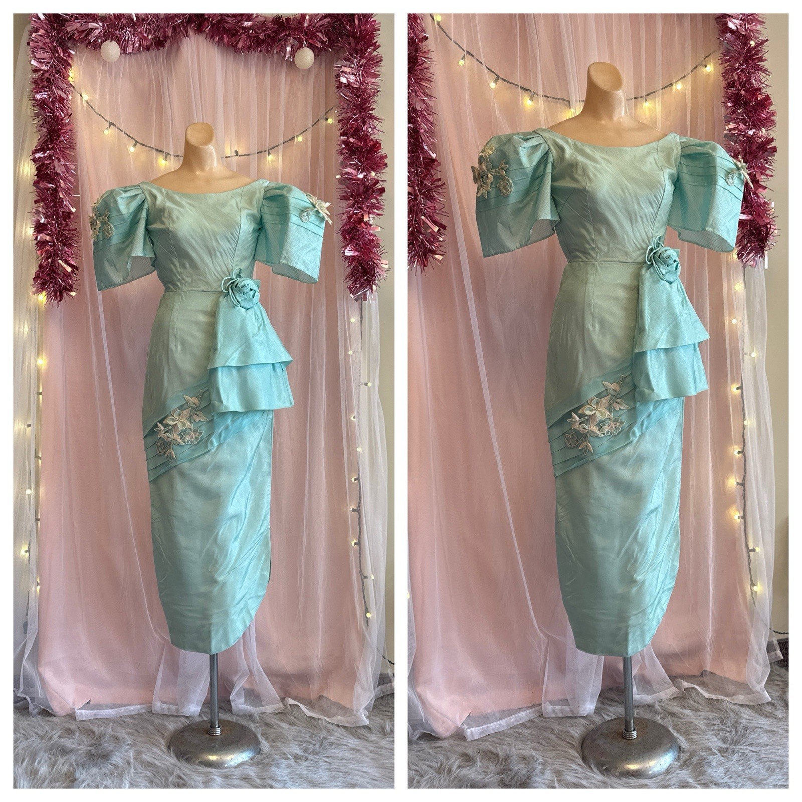 Vintage 50s Dress Filipiniana Terno Ivory Big Butterfly Sleeve Peplum XXS