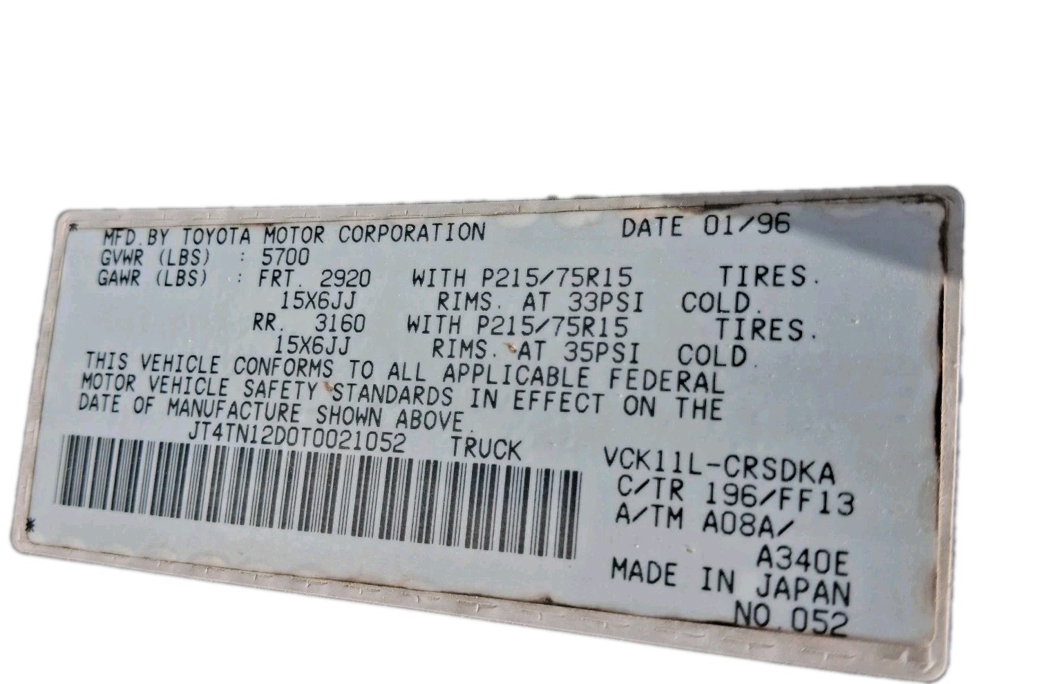 1995-1996 Toyota T100 3.4L V6 2WD A/T ECU ECM 89661-34250 Denso OEM