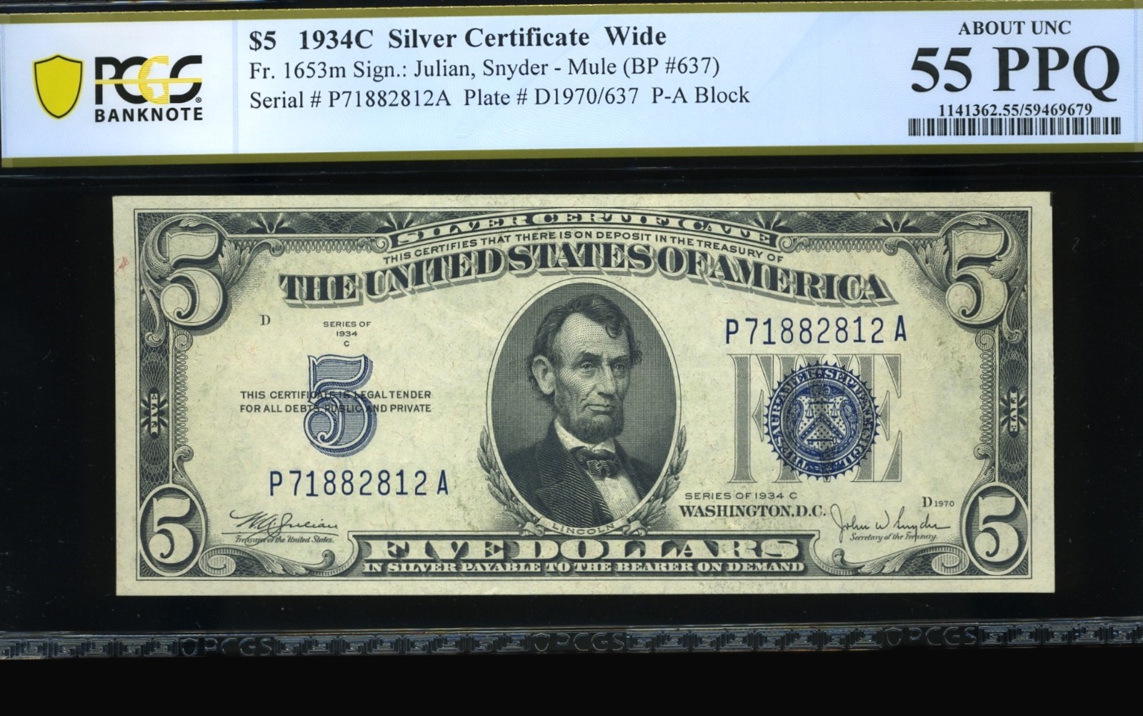 1934C $5 S.C P-A BLOCK PLATE #637 P.C.G.S #55PPQ