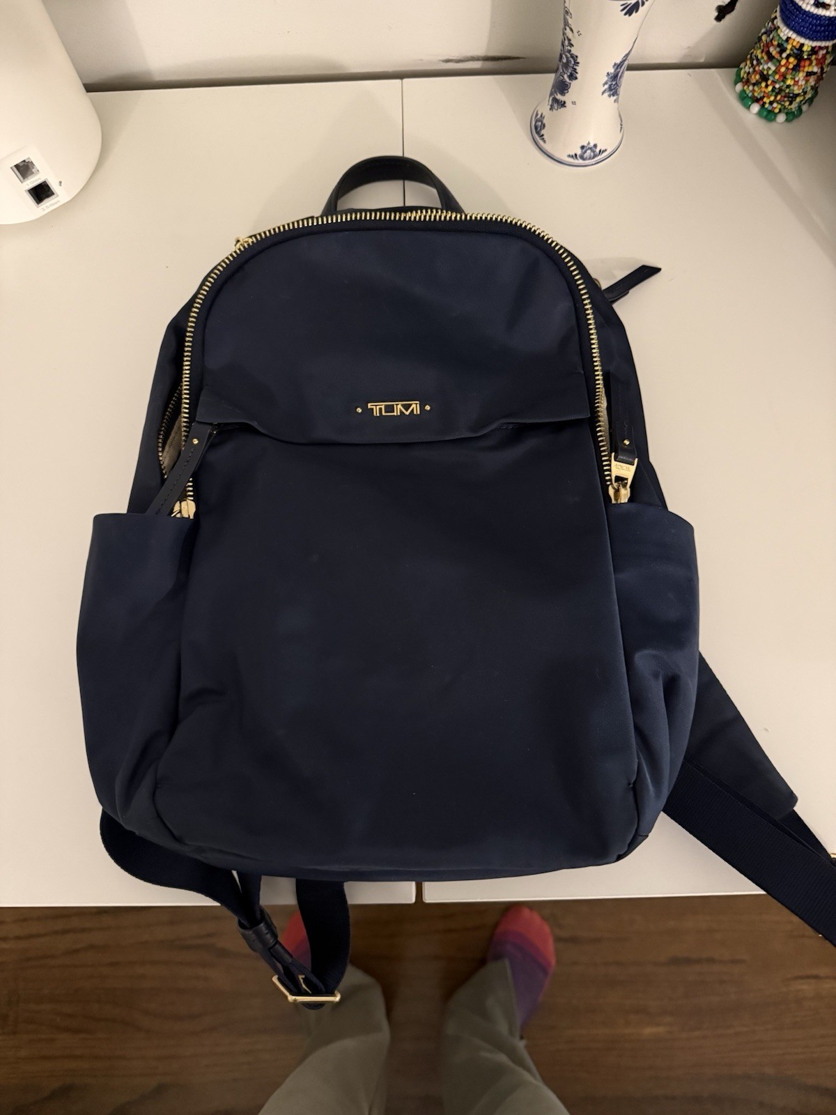 TUMI Voyageur Polly Backpack Navy Nylon Gold Hardware Leather Trim 120833 TUMI Voyageur Polly Backpack Navy Nylon Gold Hardware Leather Trim 120833