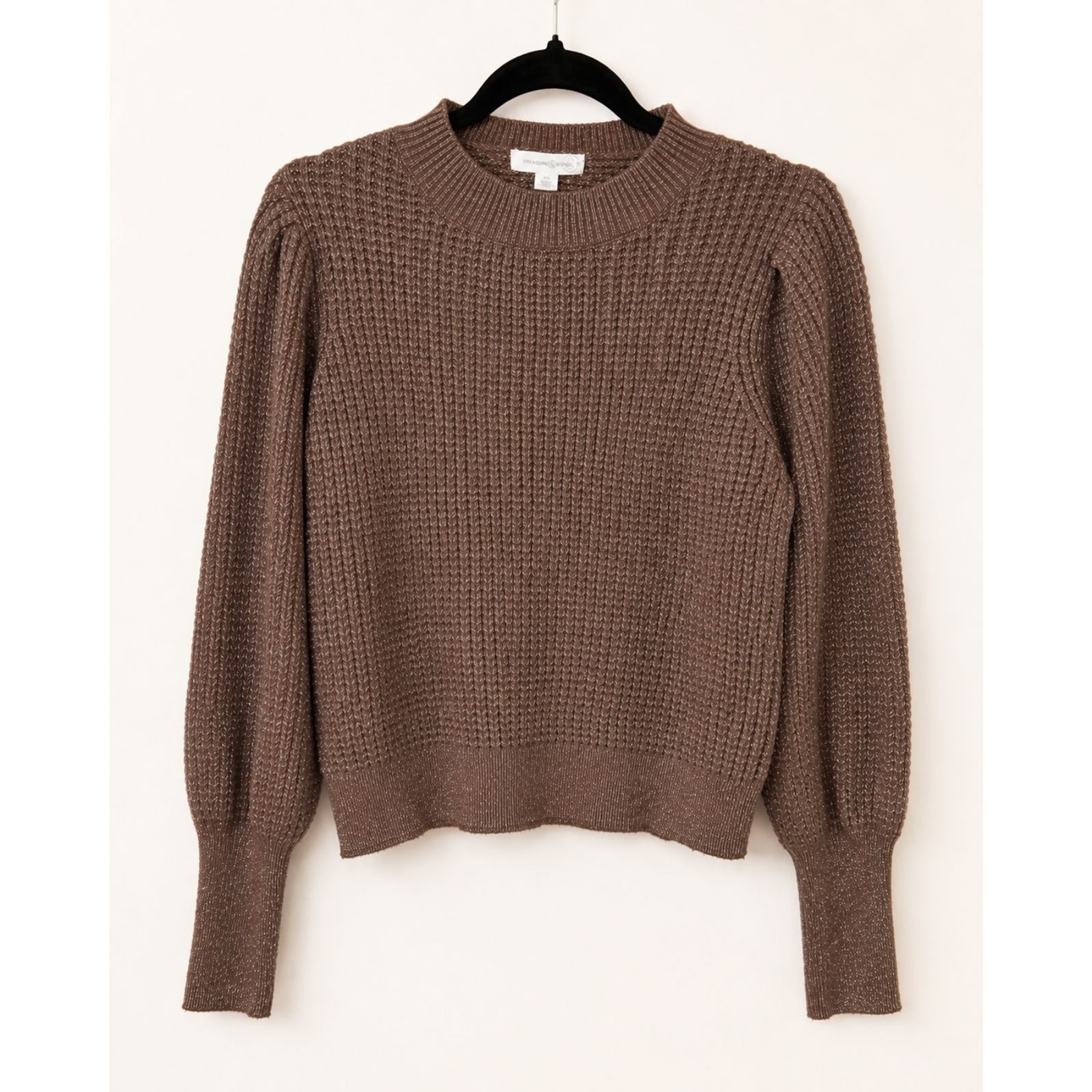 Treasure & Bond Metallic Brown Knit Sweater XS Puff Sleeve Open Back Cutout