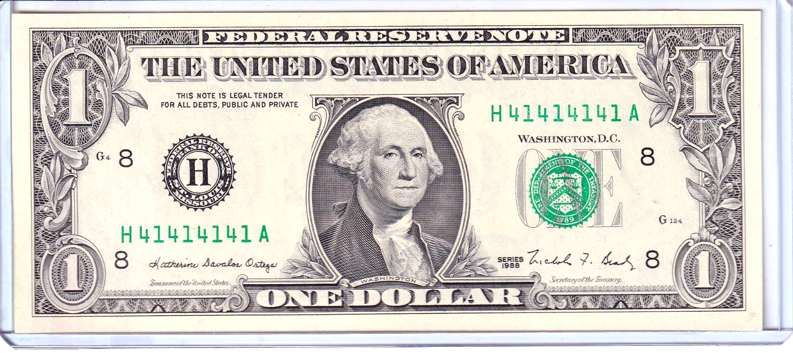 1988 $1 Federal Reserve Note Uncirculated 1/4 Binary Super Repeater #H41414141A 1988 $1 Federal Reserve Note Uncirculated 1/4 Binary Super Repeater #H41414141A