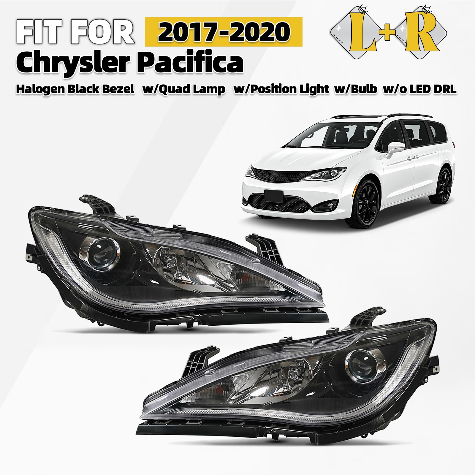 Halogen Headlight For 2017-2020 Chrysler Pacifica w/Bulb Black Bezel LH+RH Pair