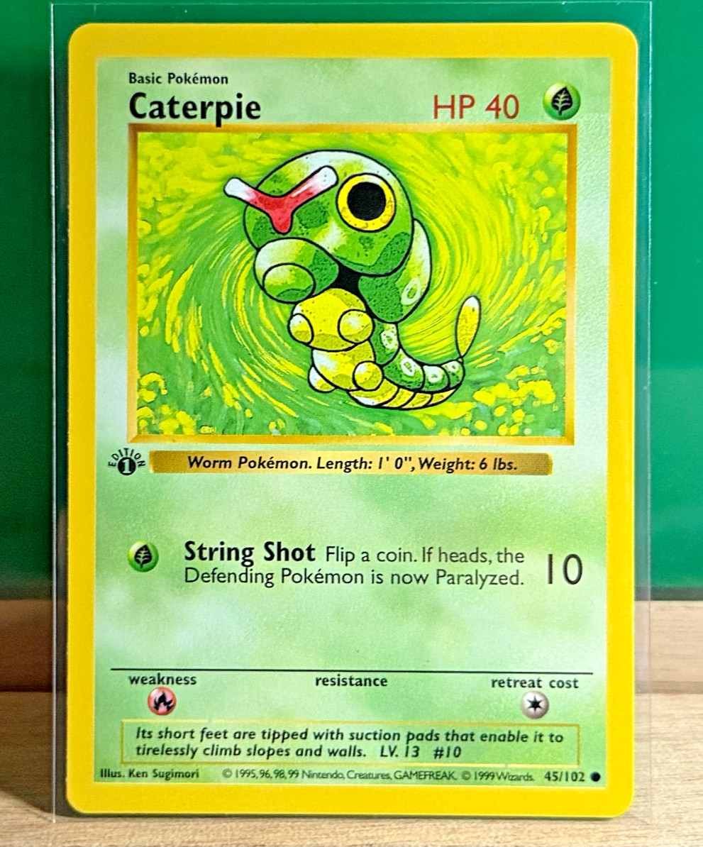 1st Edition CATERPIE 045/102 Vintage 1999 Pokémon Base Set Shadowless WOTC - NM