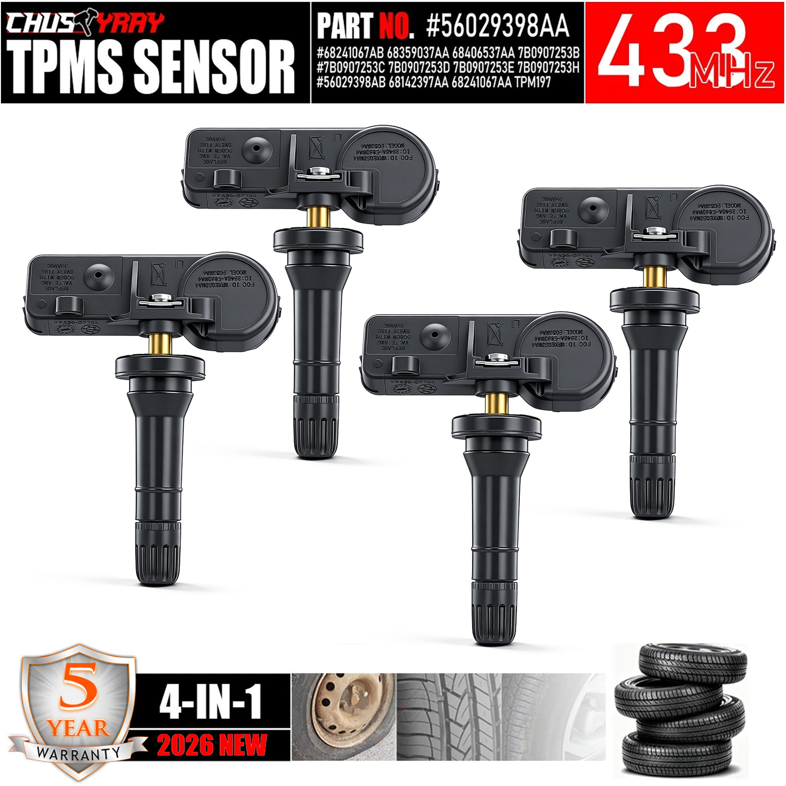4x TPMS Tire Pressure Sensors 433MHZ For RAM 1500 2500 3500 Pickup 56029479AB