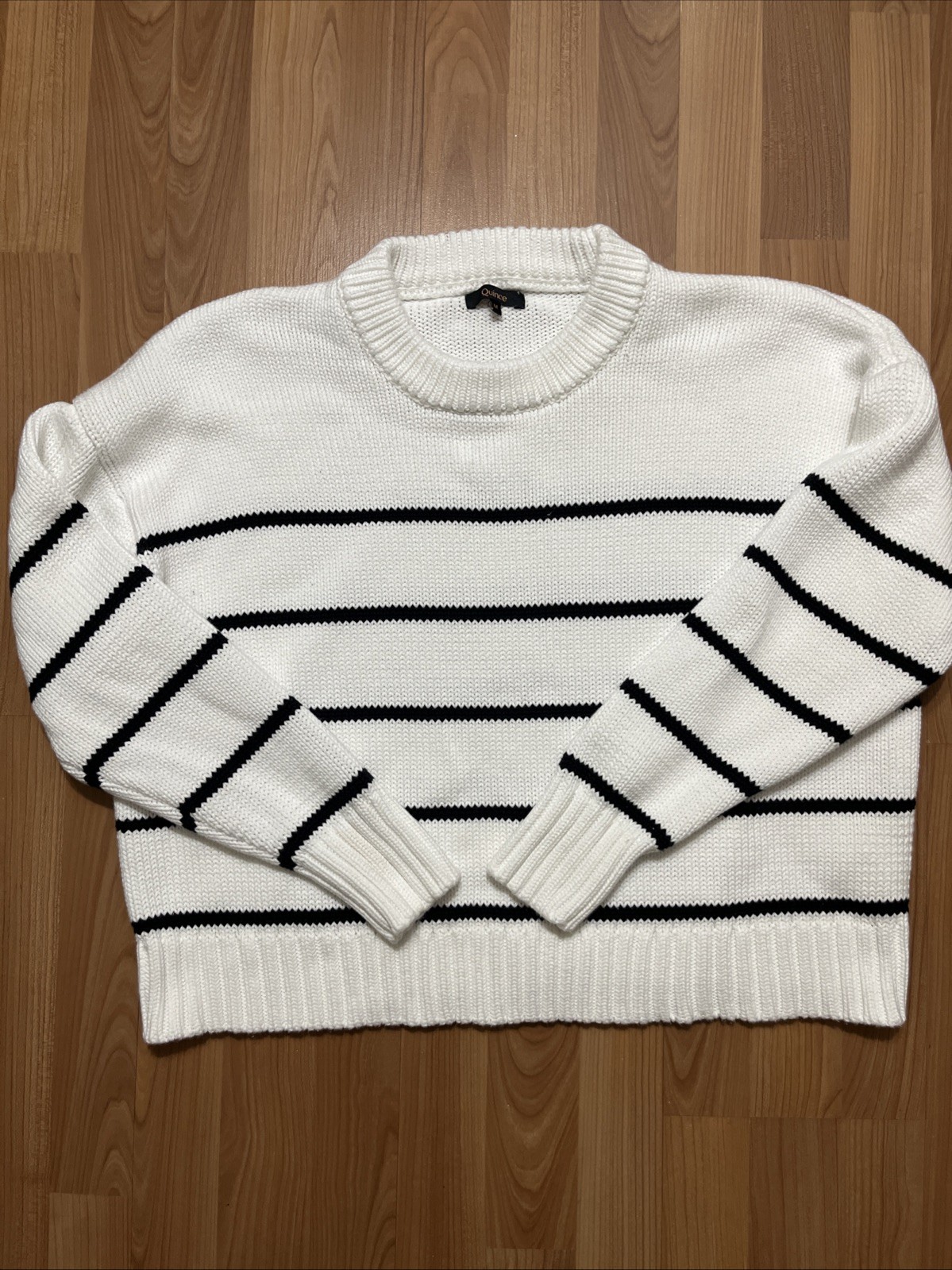 Quince 100% Organic Cotton Crew Popover Sweater Striped Ivory Black Med. Coastal Quince 100% Organic Cotton Crew Popover Sweater Striped Ivory Black Med. Coastal