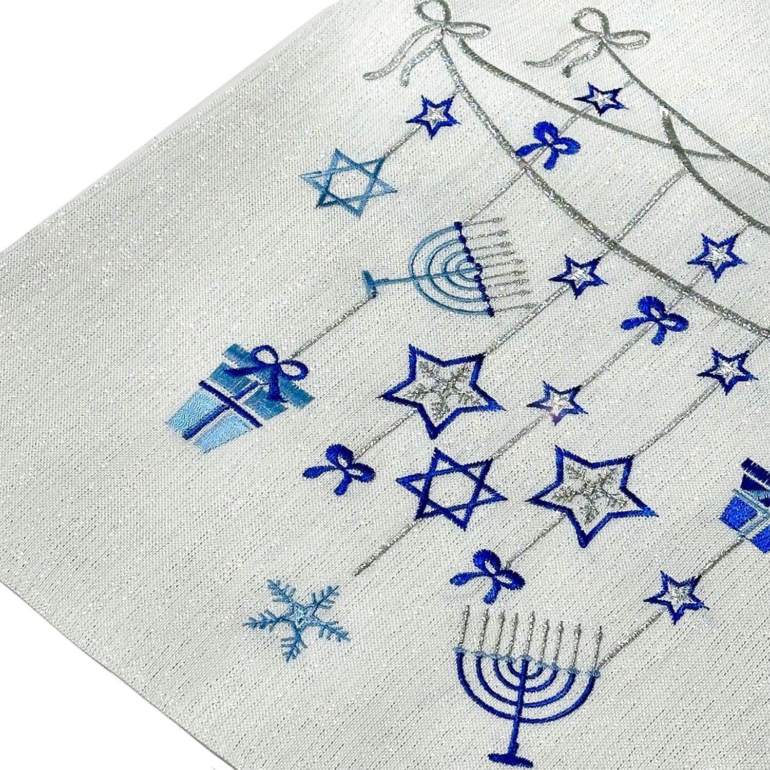 Blue and White Hanukkah Embroidered Table Runner 13x70