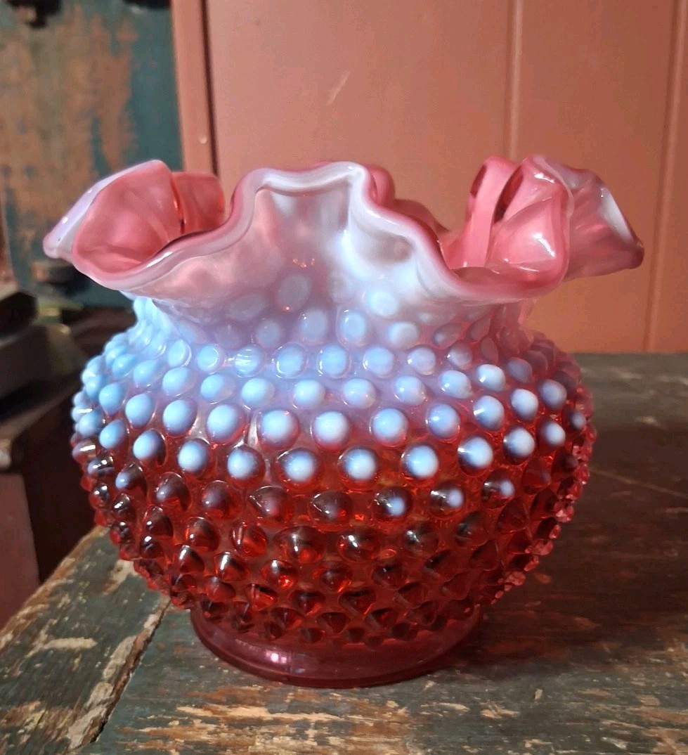 Vintage Fenton Opalescent Cranberry Pink Double Ruffled Hobnail Posy Vase Signed Vintage Fenton Opalescent Cranberry Pink Double Ruffled Hobnail Posy Vase Signed