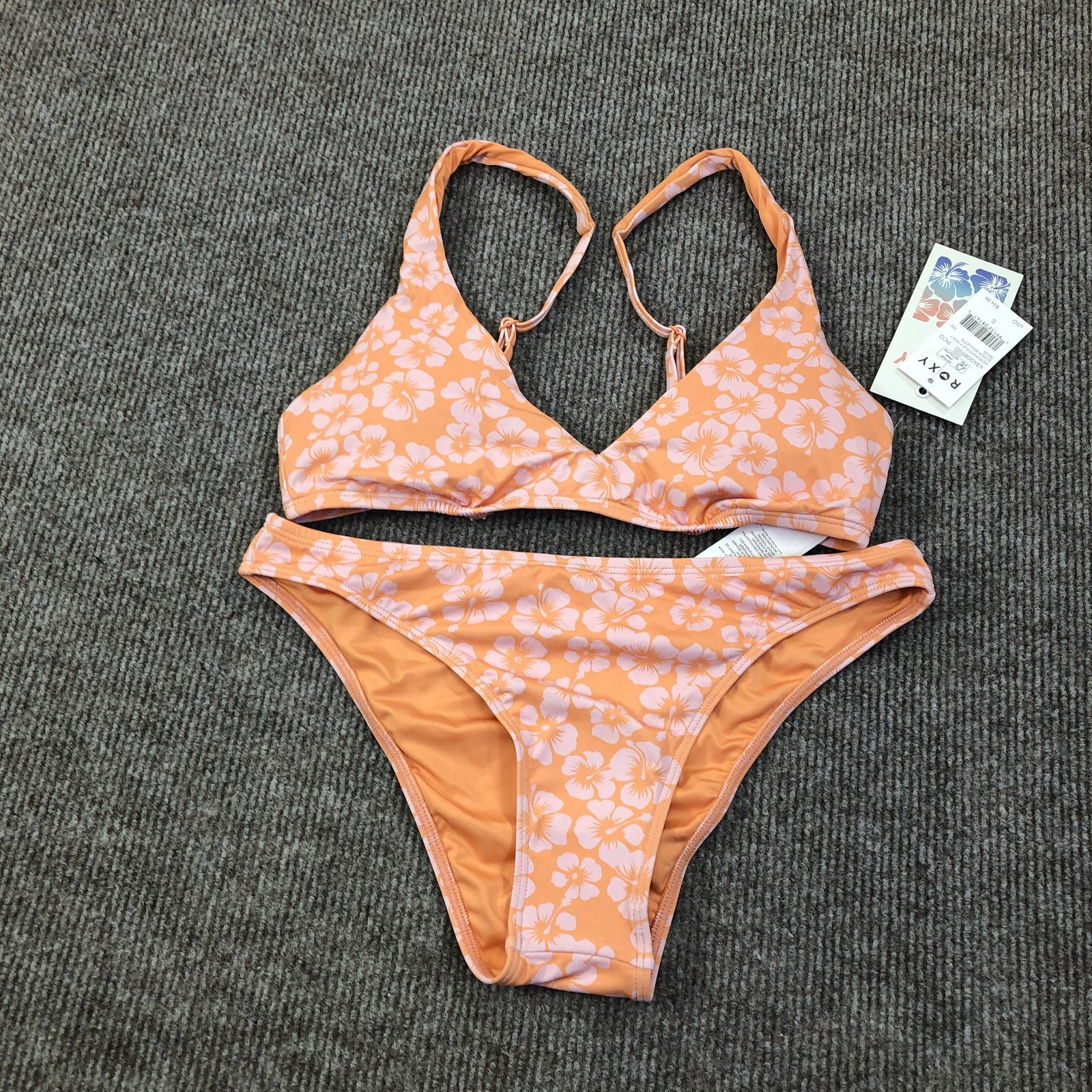 Roxy Bikini Swimsuit Womens Small Orange Floral Triangle Two Piece Swim Set