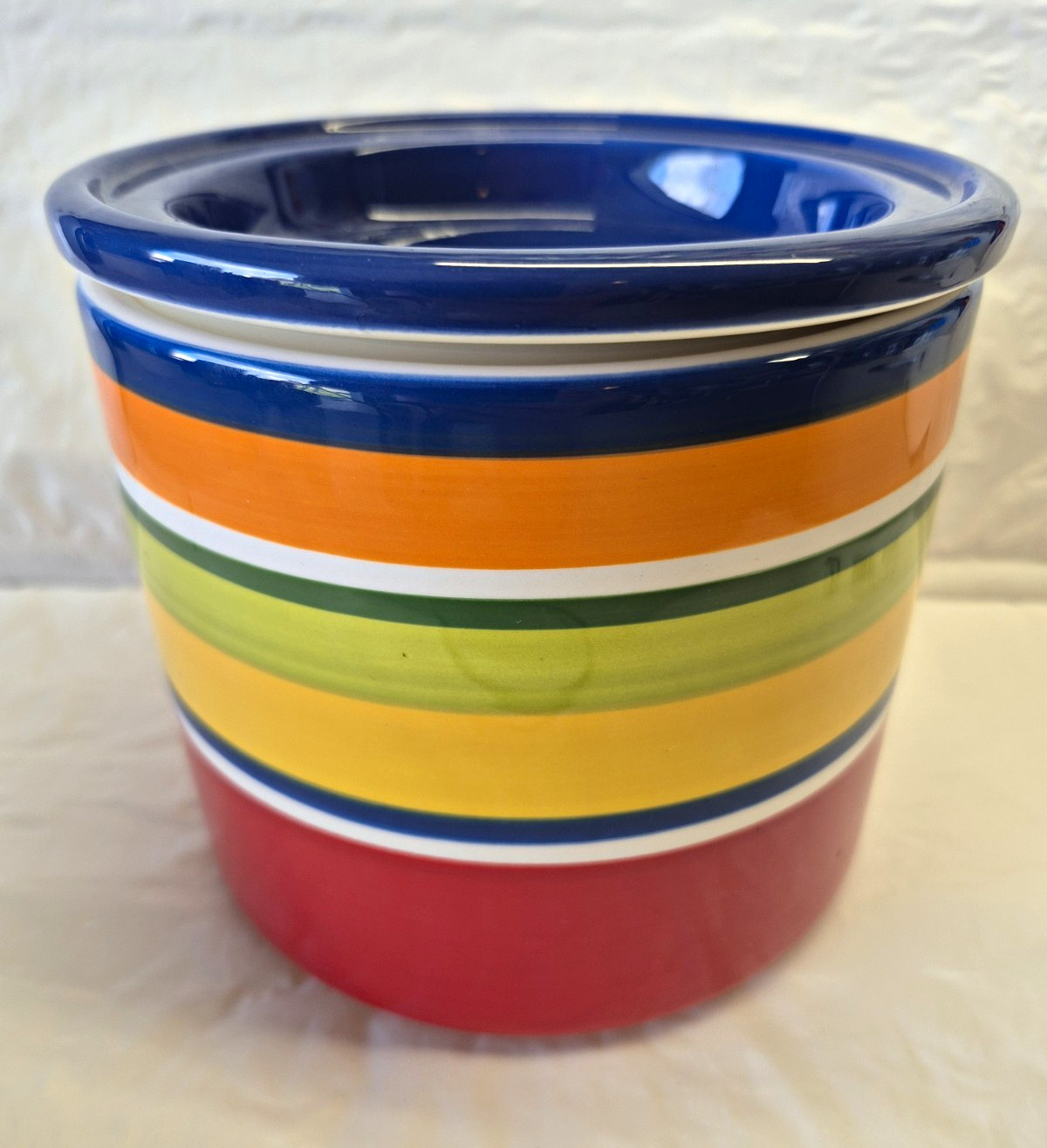 Pier 1 Imports Ironstone Striped Multicolor Jar w/ Lid 5.5\ Pier 1 Imports Ironstone Striped Multicolor Jar w/ Lid 5.5\