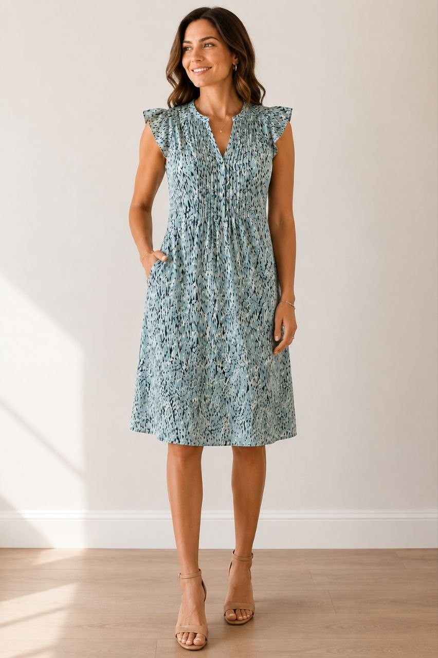 H&M Women\'s Mint Blue Printed Flutter Sleeve Dress Size M Lightweight Lined