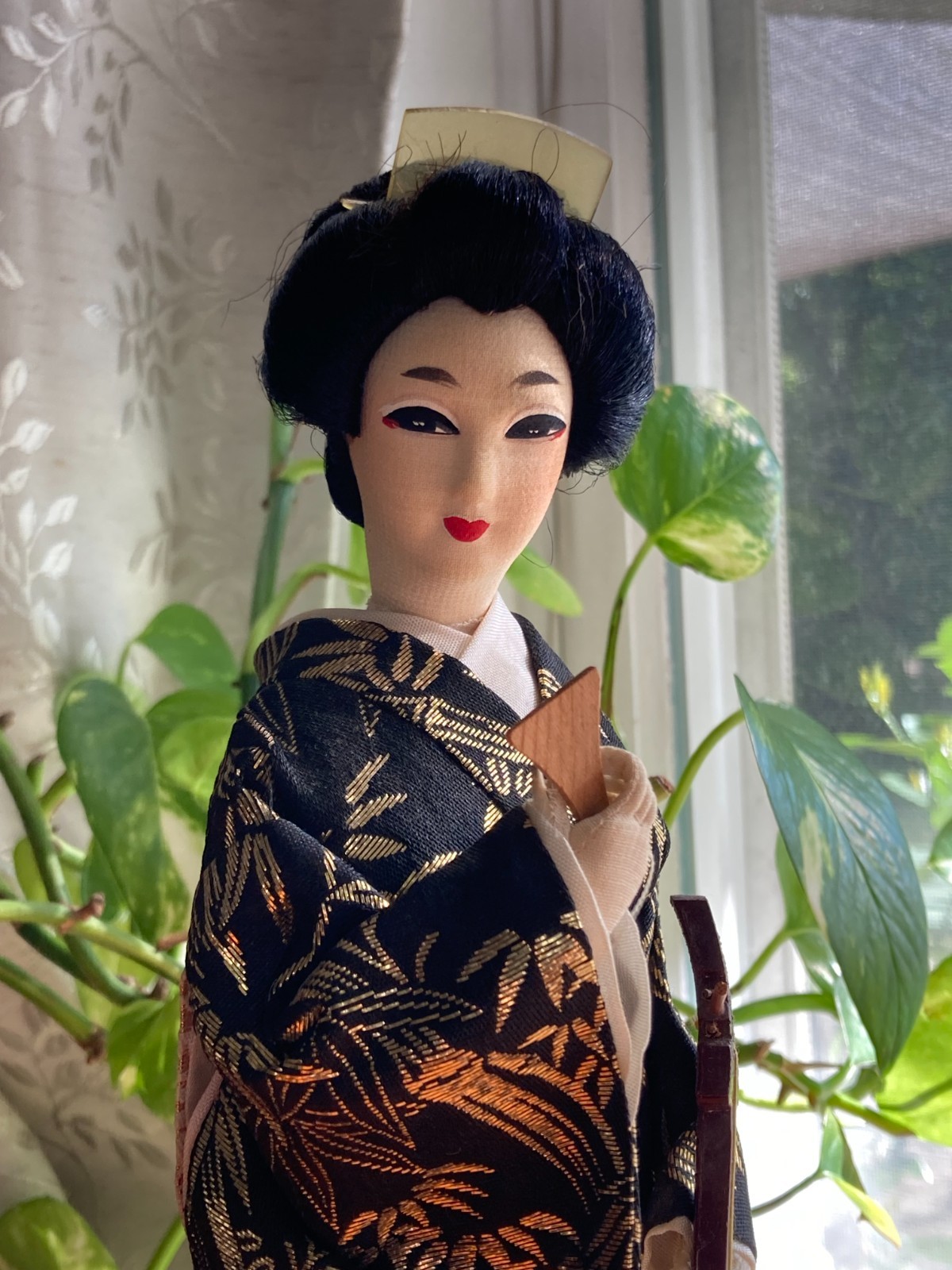 Vintage 1950s Geisha Doll with Shamisen | Silk Kimono Black and Gold Bamboo Vintage 1950s Geisha Doll with Shamisen | Silk Kimono Black and Gold Bamboo