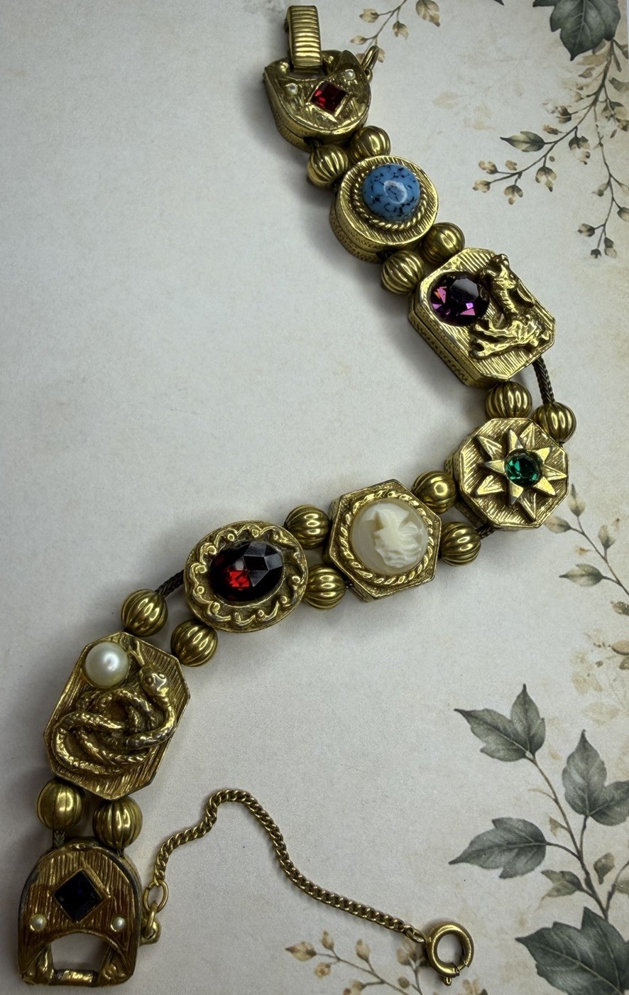 Vintage 1960s Goldette Style Victorian Revival Slide Charm Bracelet Unsigned