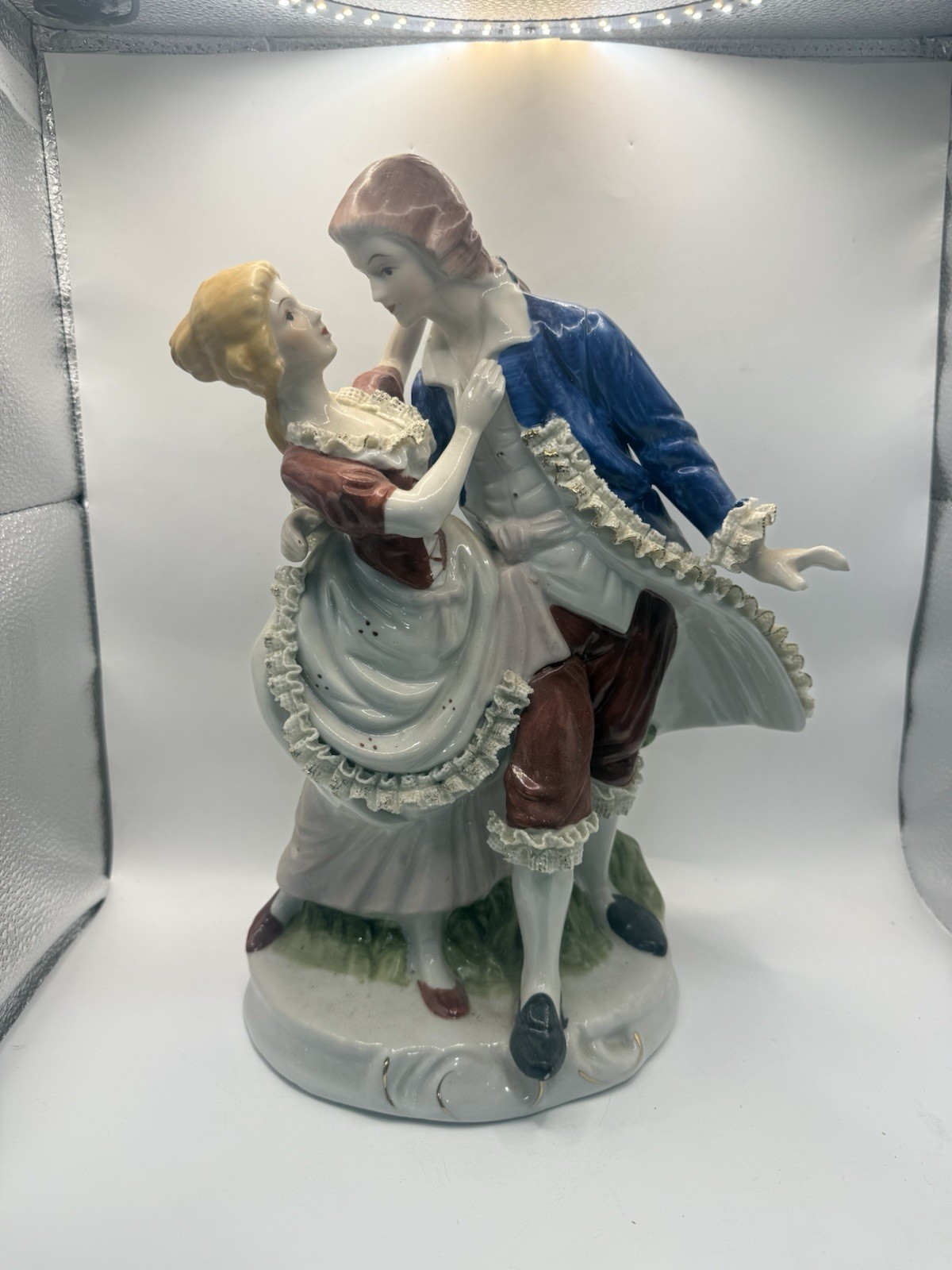 Vintage Porcelain Courting Couple Figurine Applied Lace 13” * Vintage Porcelain Courting Couple Figurine Applied Lace 13” *