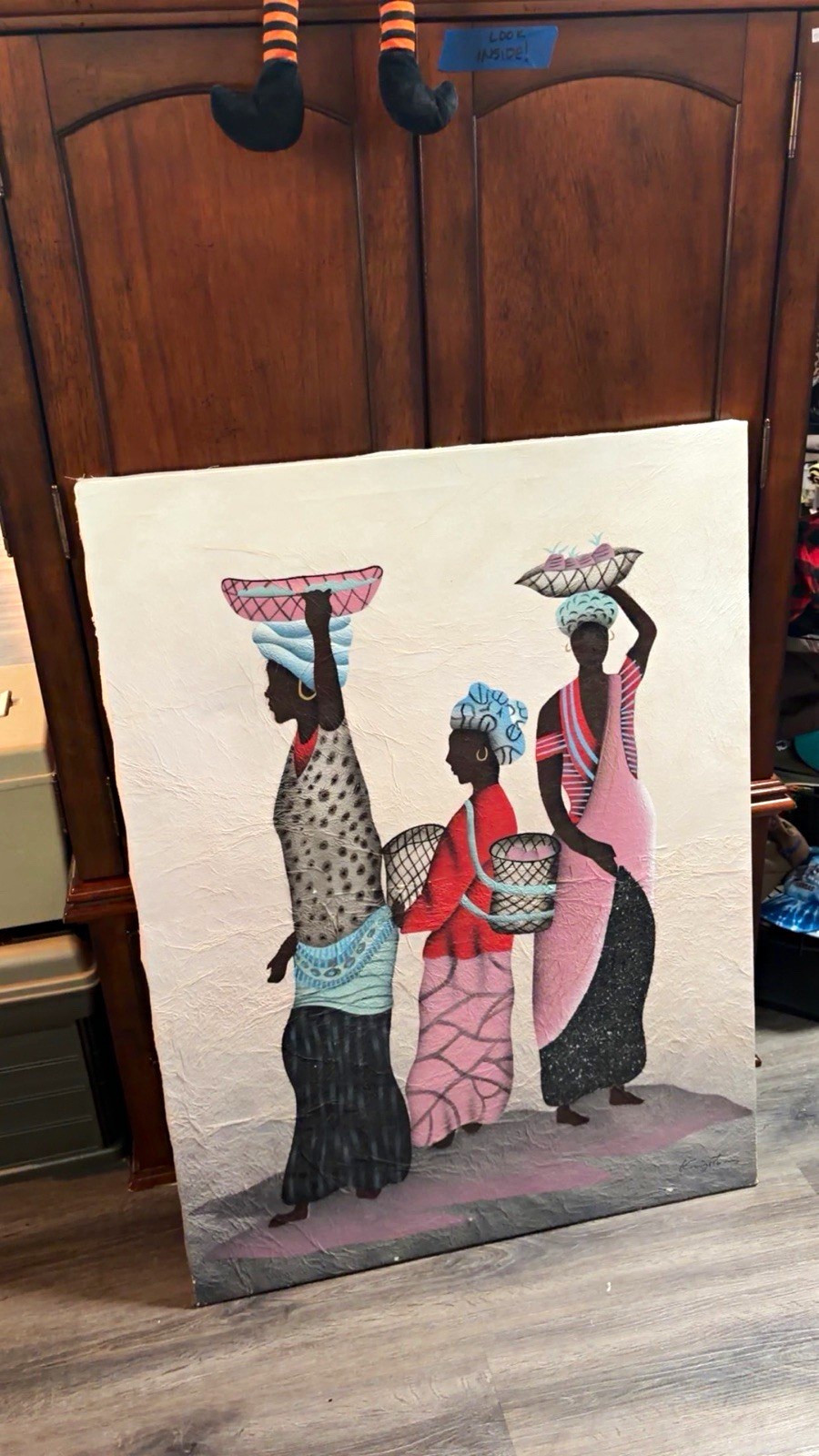 Large Signed Folk Art Canvas Painting Women Figures Carrying Baskets Unframed Large Signed Folk Art Canvas Painting Women Figures Carrying Baskets Unframed