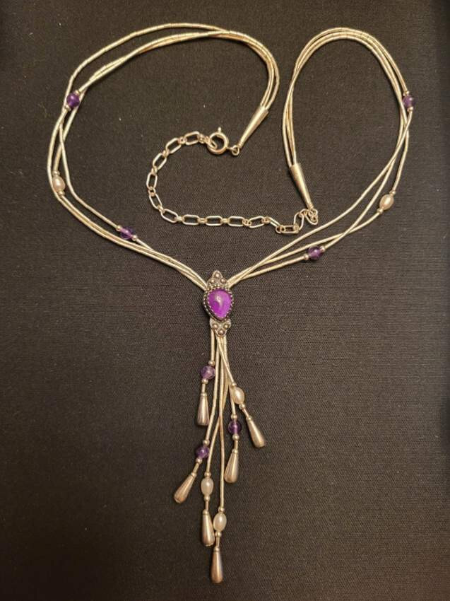 Vintage Quoc Sterling Silver Amethyst Pearl Multi Strand Liquid Silver Necklace