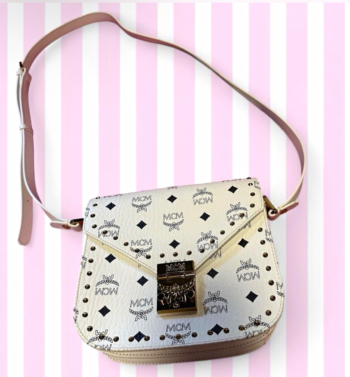 MCM Women\'s Small White Monogram Studded Crossbody Bag Gold Hardware MCM Women\'s Small White Monogram Studded Crossbody Bag Gold Hardware