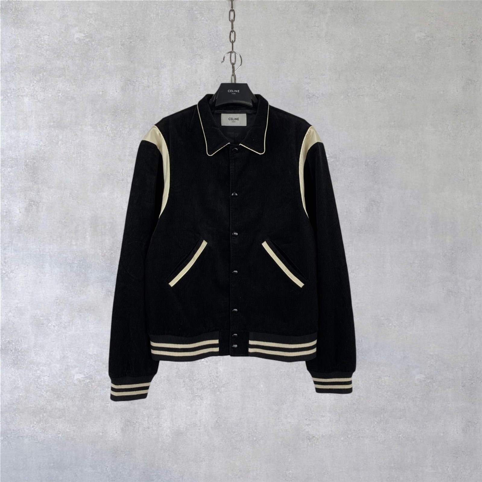 CELINE HOMME Satin Trimmed Cotton Corduroy Bomber Teddy Jacket Black Size 52 (L) CELINE HOMME Satin Trimmed Cotton Corduroy Bomber Teddy Jacket Black Size 52 (L)