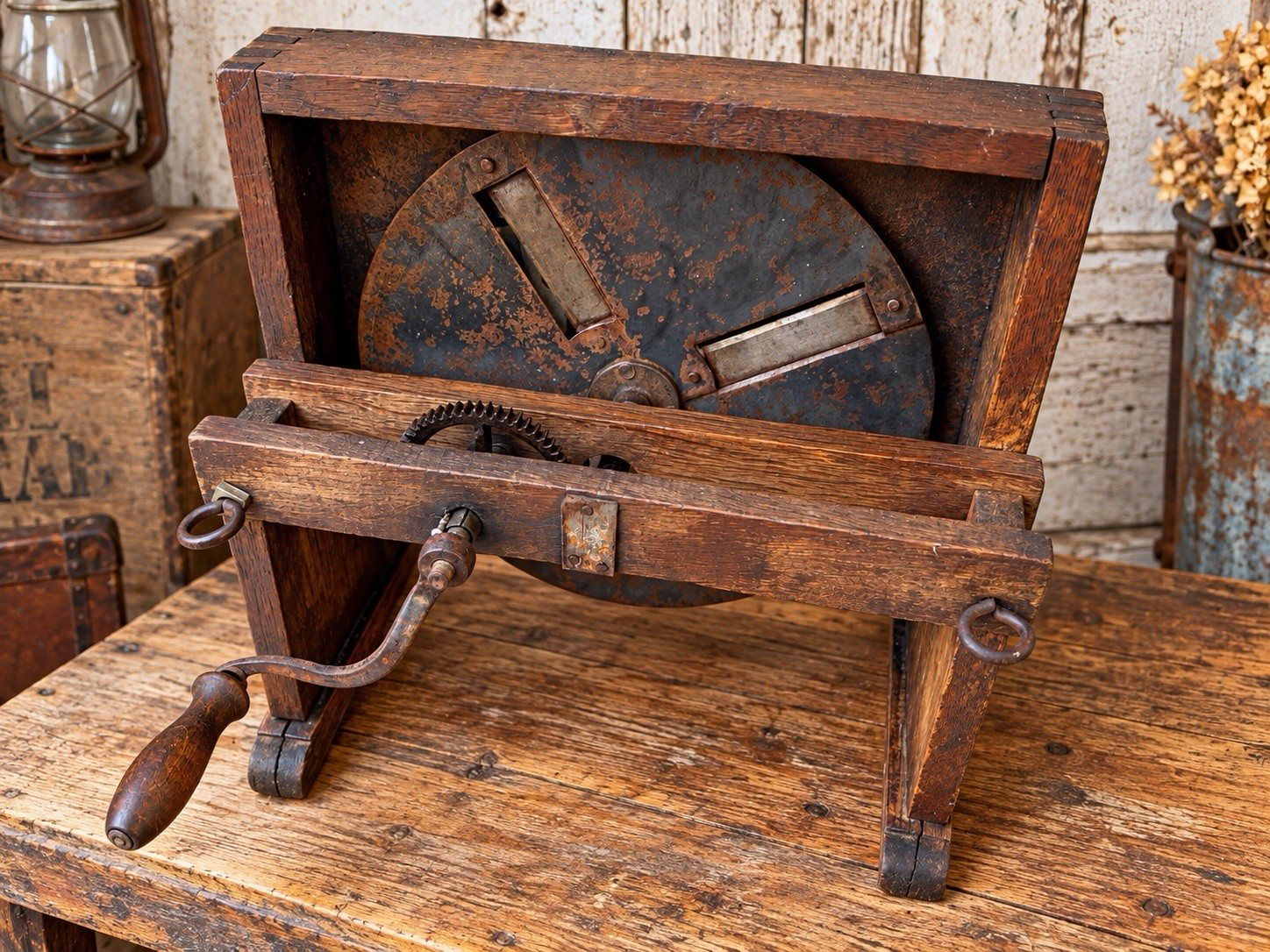 Rare Antique Triple Bean Slicer Hand Crank Cutter  Tiger Oak Kitchen Decor