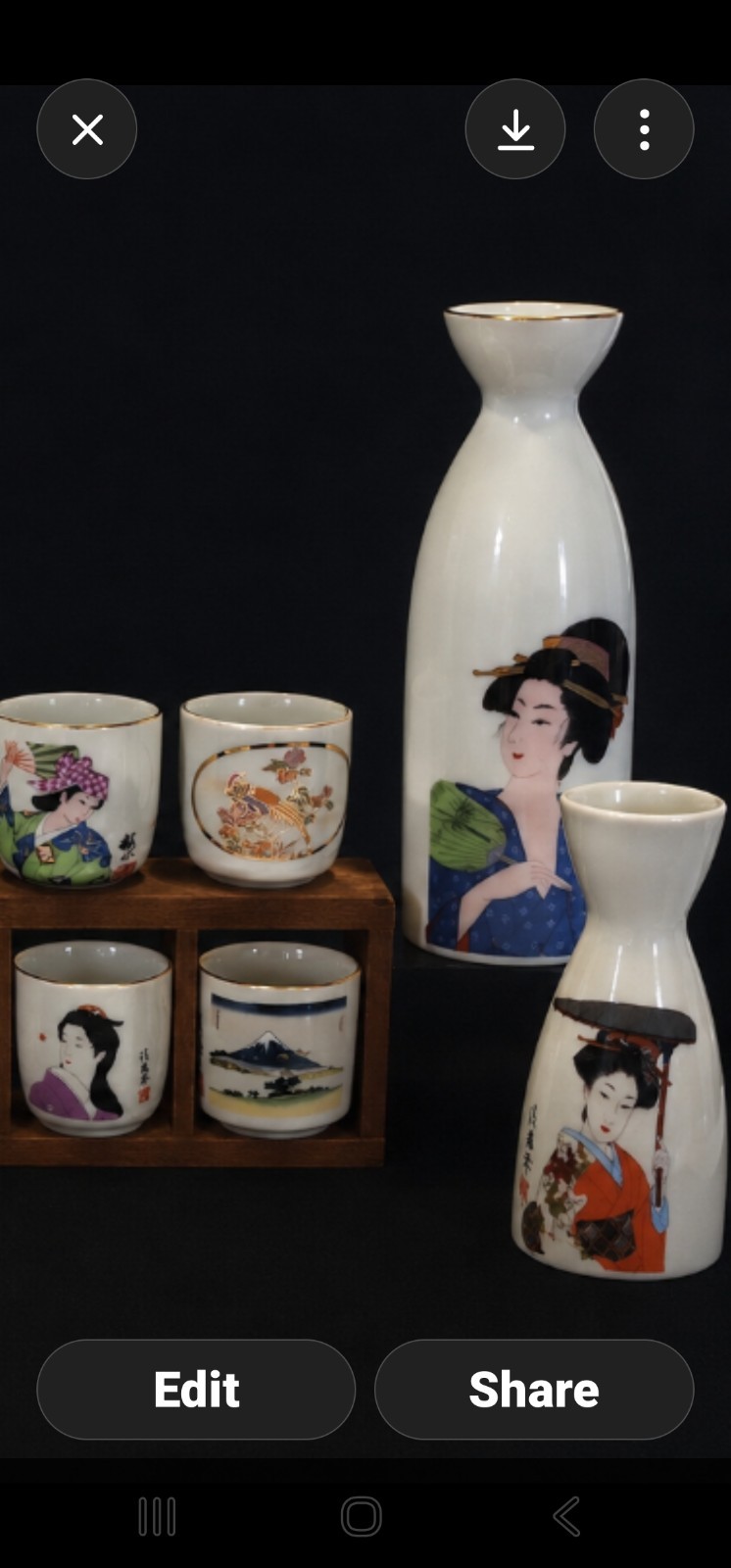 Vtg 18 Pc Japanese Geisha Sake Set W/wooden Display Rack Porcelain Cups Bottles 