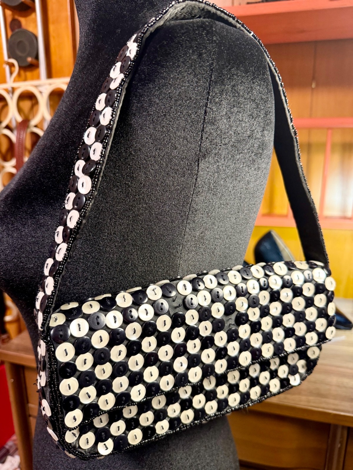 Vintage K.C. Malhan Black White Button Shoulder Bag Beaded Y2K Handbag