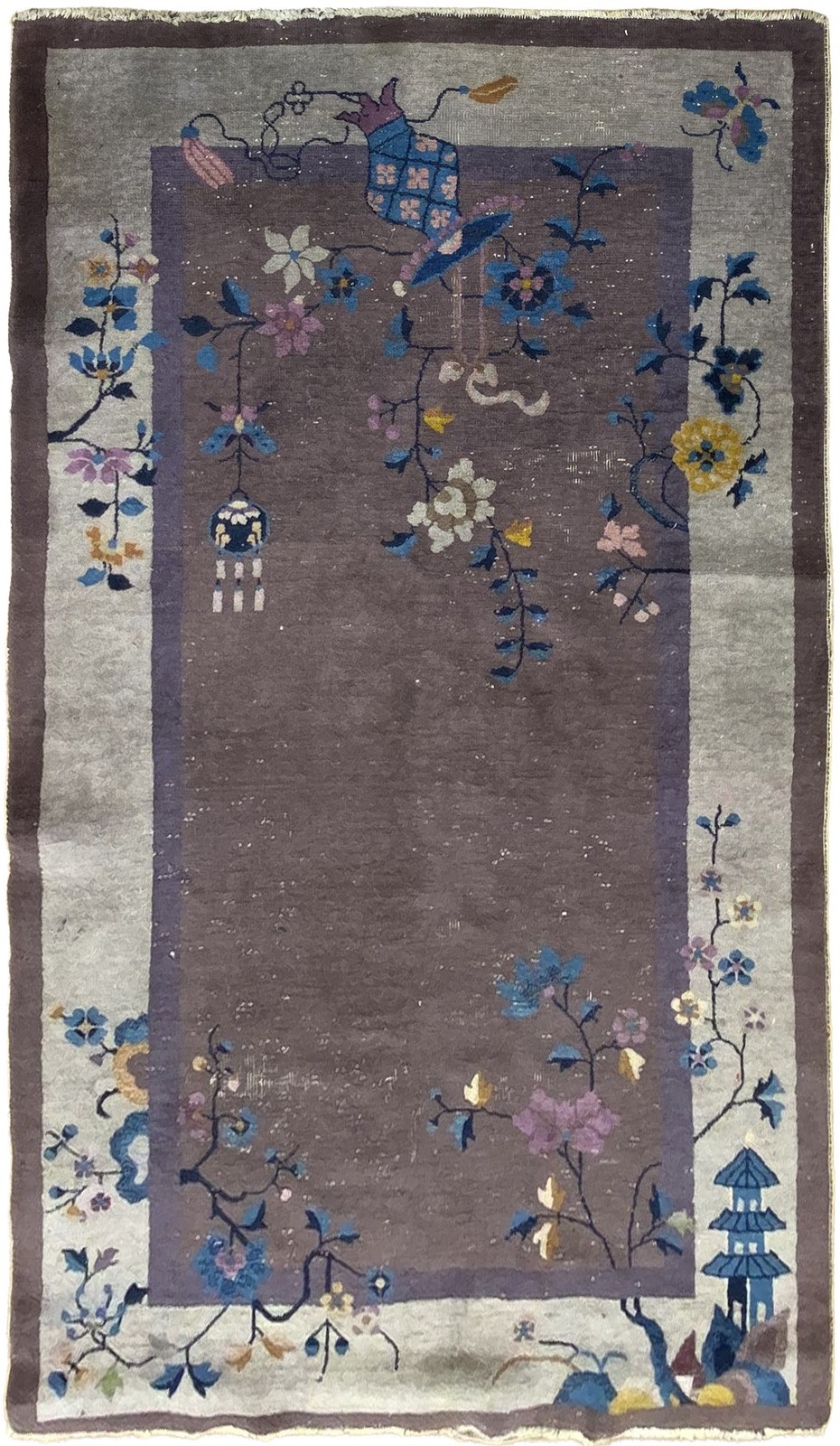 4X7 Antique Art Deco Chinese Rug Vase Purple Worn 122cm x 203cm C.1920