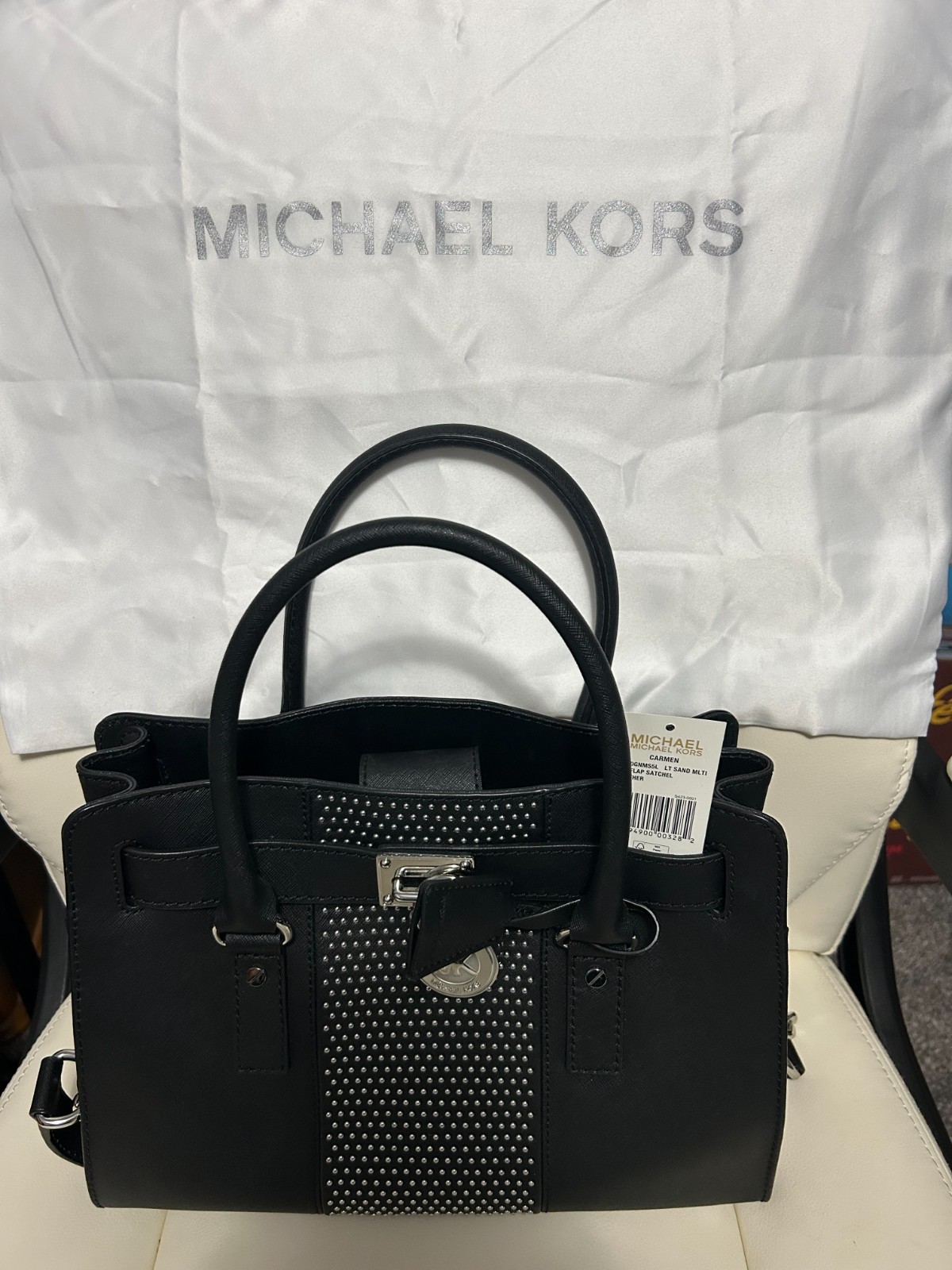 MICHAEL KORS Microstud Hamilton Stripe Leather EW Satchel Shoulder Bag Black