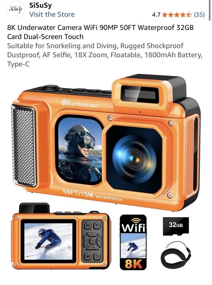 8K Underwater Camera, 90MP 50FT WiFi Waterproof Camera with Compact, ORANGE