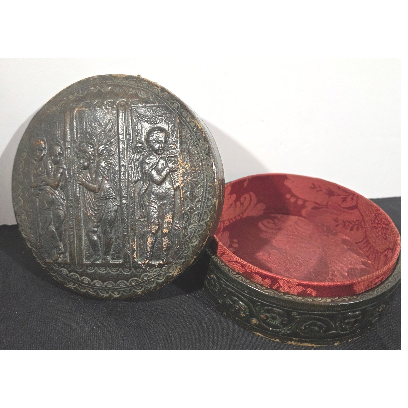 Vintage Italian Embossed Leather Trinket Box Cherub Angel Red Damask Italy