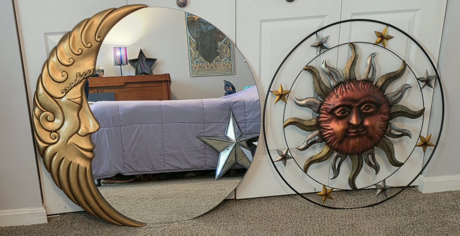 Celestial Sun & Crescent Moon Mirror Round Wall Accent Set of  2 Gold 