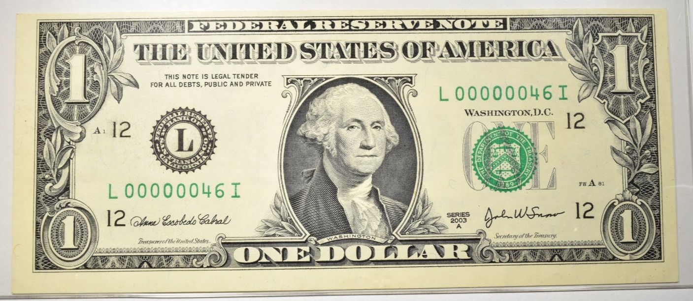 2003-A $1 FRN 2-DIGIT ULTRA LOW SERIAL NUMBER 00000046 ~ CRISP UNCIRCULATED 2003-A $1 FRN 2-DIGIT ULTRA LOW SERIAL NUMBER 00000046 ~ CRISP UNCIRCULATED