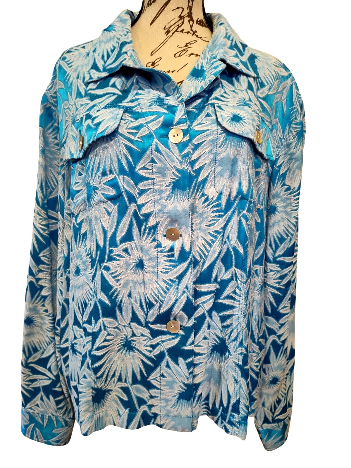 Chicos Blue Floral Button-Up Shirt/Jacket Size 2 Rayon & Silk Blend S 2