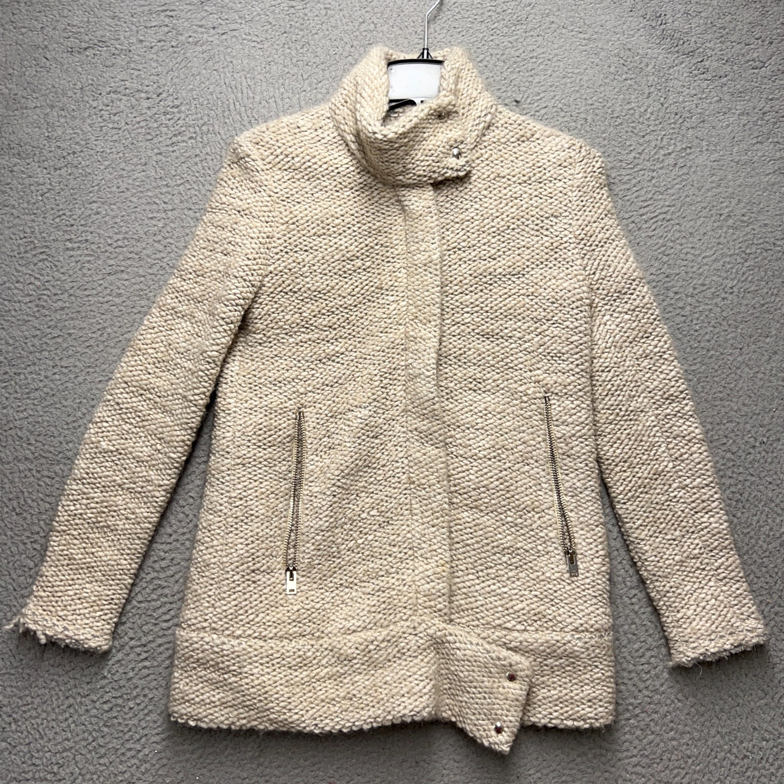 IRO Coat Womens 38 Beige Wool Blend Ajumaspe Heavy Knit Mock Neck Jacket Romania