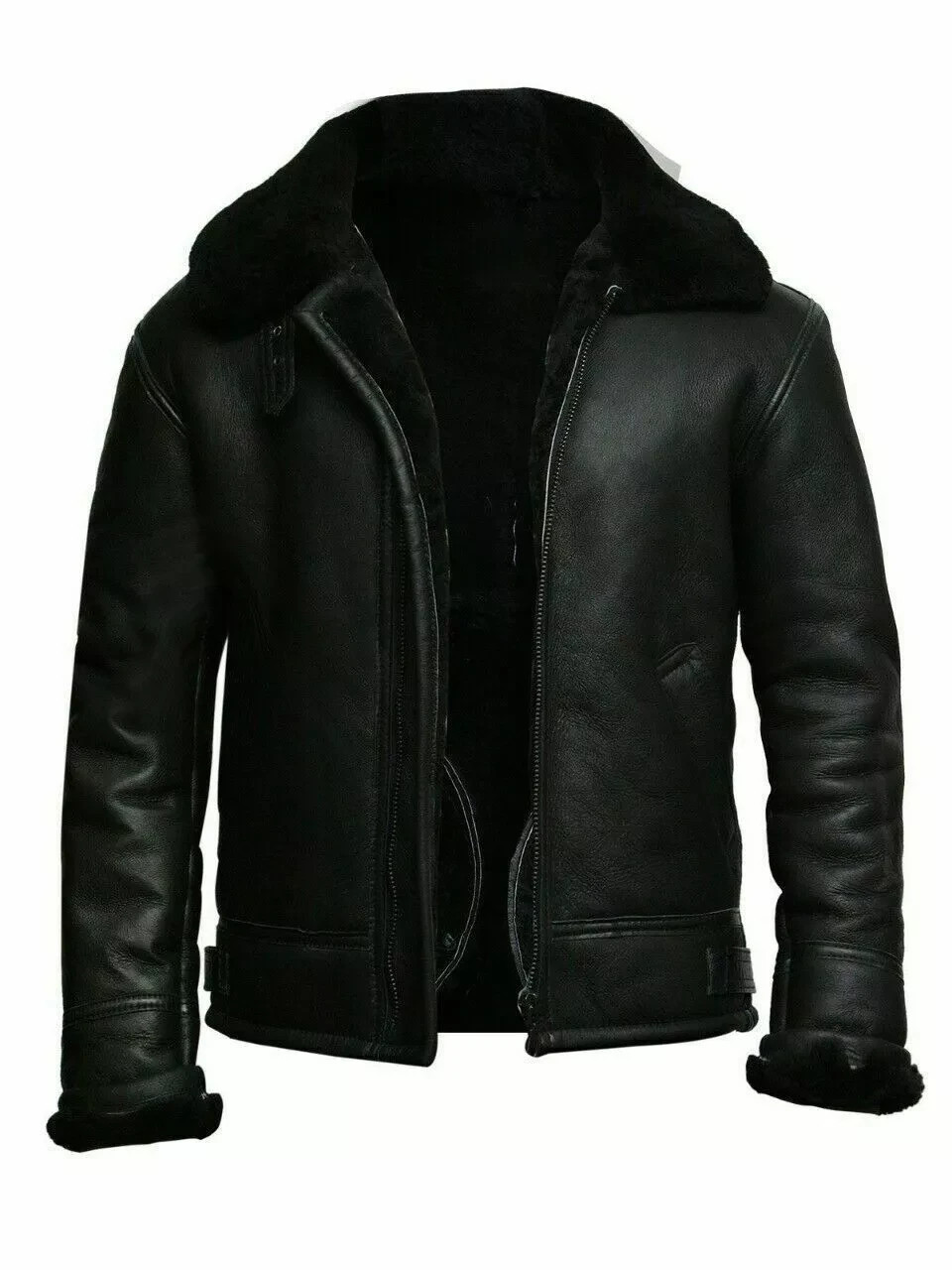 Mens Aviator RAF B3 Pilot Flying Bomber Fur Shearling Sheepskin Leather Jacket