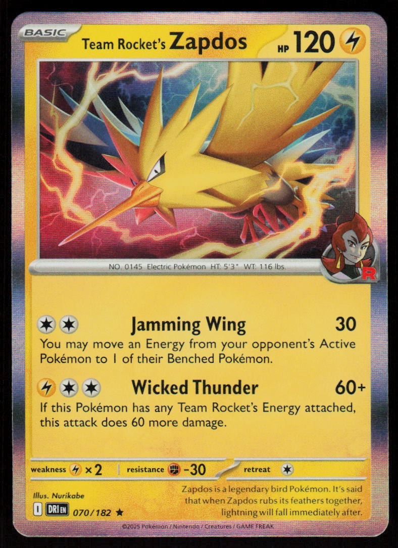 Team Rocket's Zapdos 070/182 Rare Destined Rivals Pokemon Holo Near Mint