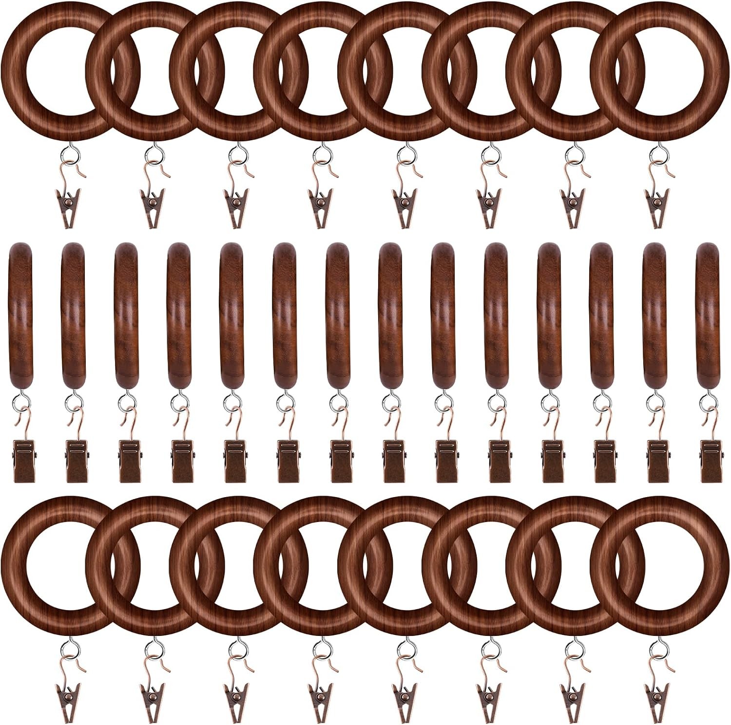 30 PCS Wooden Curtain Rod Rings with Curtain Clips, 1.5 Inch Inner Diameter Wood 30 PCS Wooden Curtain Rod Rings with Curtain Clips, 1.5 Inch Inner Diameter Wood