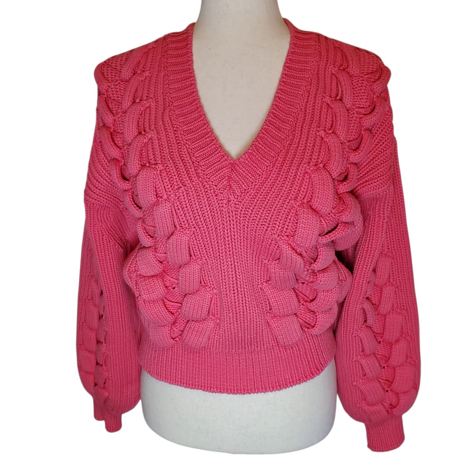 Iro Paris Arwy Sweater Sz L Pink Chunky Cable Knit Cropped V-Neck Made in Italy
