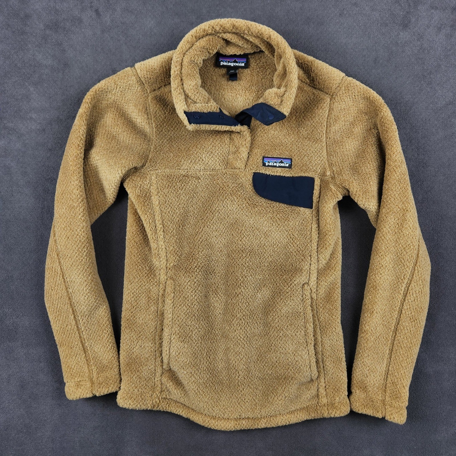 Patagonia Re Tool Snap T Fleece Pullover Sweater Womens XXS Tan Navy Trim Cozy
