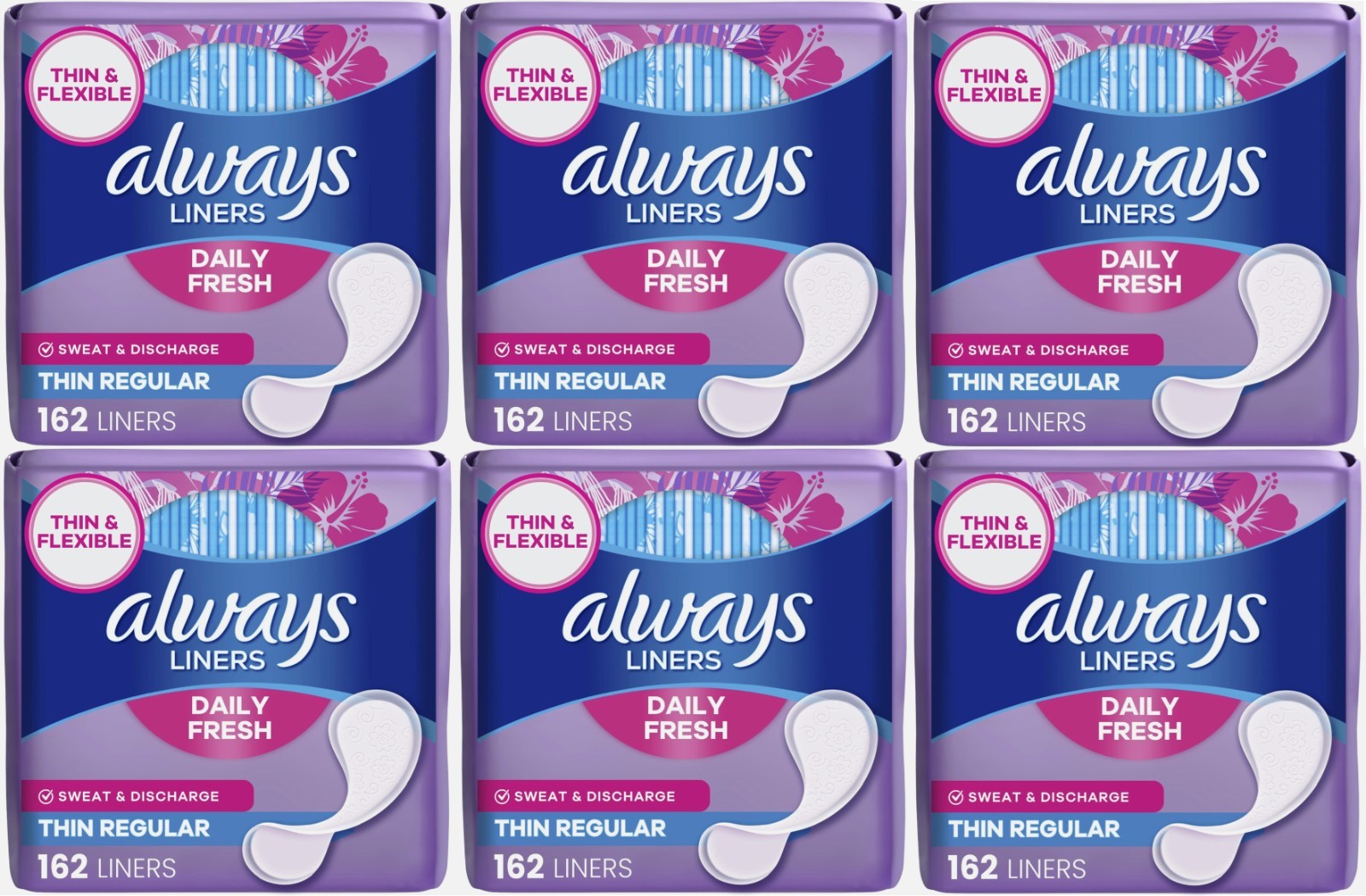 6 Pack Always Panty Liners Daily Fresh Thin Regular 162 Count X 6 Packs Pads New