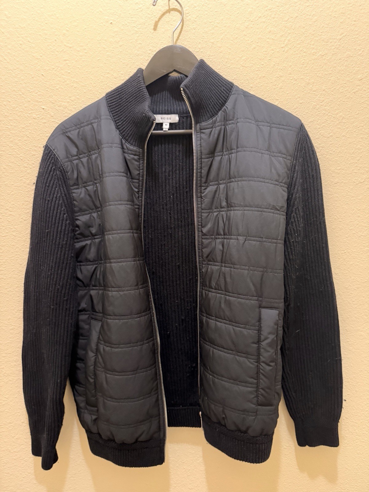 REISS Mens Navy Quilted Knit Hybrid Jacket Cardigan Full Zip Size M