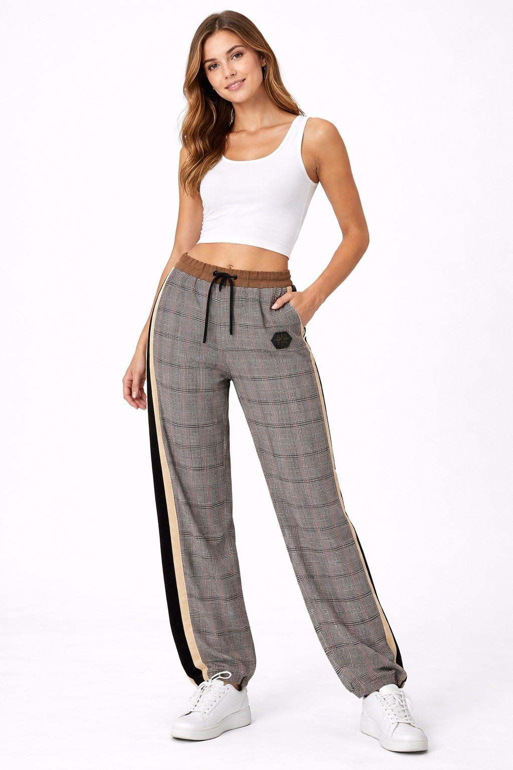 Hudson Outerwear pants Large tapered leg plaid tan stripe side Hip Hop Grandma Hudson Outerwear pants Large tapered leg plaid tan stripe side Hip Hop Grandma